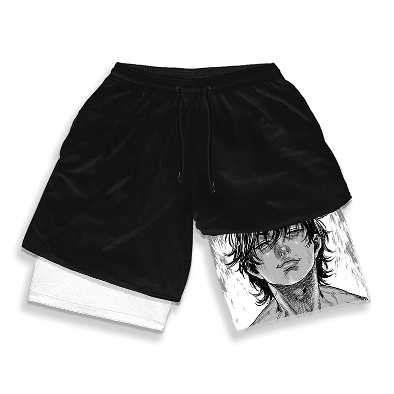 Sports Shorts Quick Drying Shorts Sport Shorts Running Shorts Casual Shorts Men's Anime Hanma Baki Fitness Shorts Printed Black Double Layer 2 In 1 Quick-drying Shorts Fitness Running Sports Summer