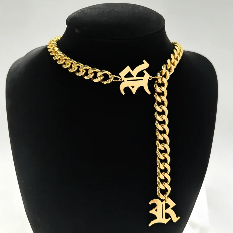 DUOYING Gothic Initial Letter Drop Choker Necklace Gold Plated Thick Cuban Link Chain Old English for Women Custom Jewelry Gif
