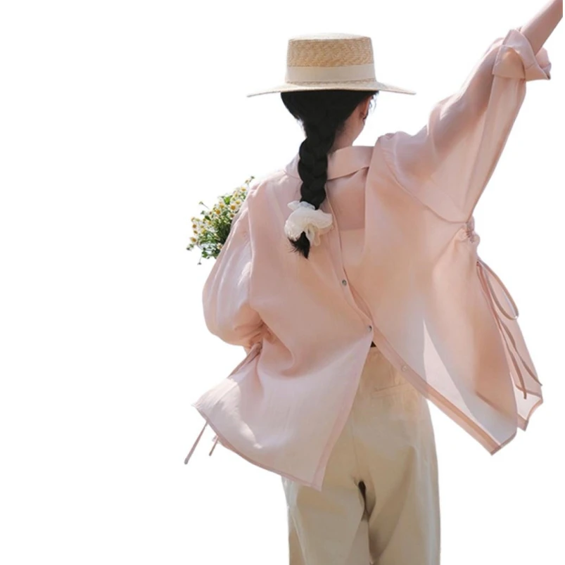 

Женская рубашка с разрезом сбоку, плиссированная рубашка на пуговицах с разрезом сзади, рубашка свободного кроя с отложным воротником и длинным рукавом, базовые повседневные блузки, весна