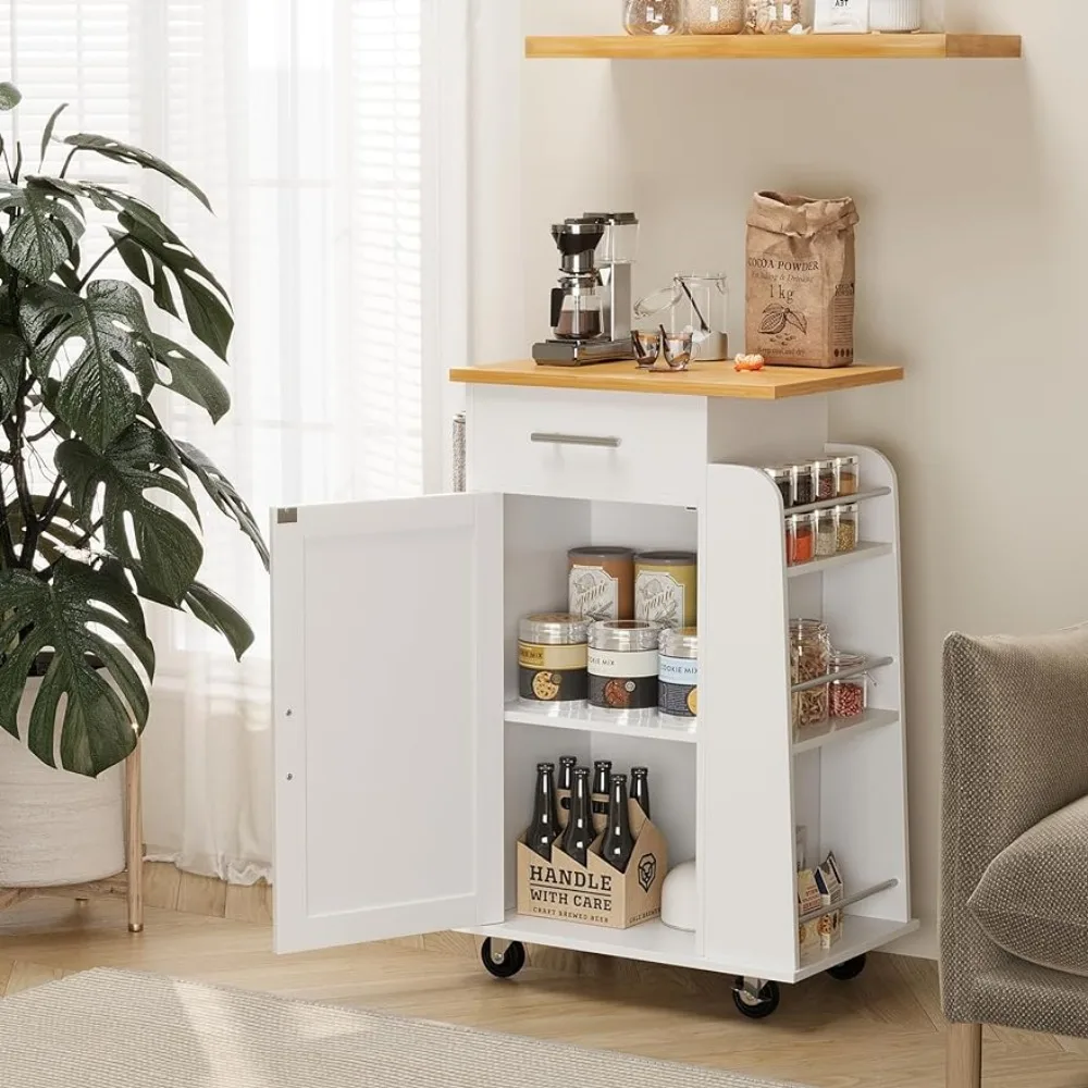 

Kitchen Storage White Trolley Small Kitchen Island on Wheels With 3-Tier Side Spice Rack and Rubber Wood Top Auxiliary Cart Home