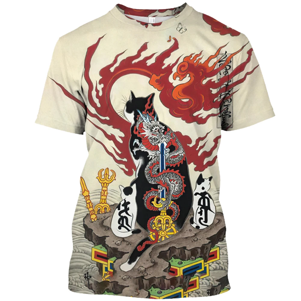 

2023 New Japanese Samurai Cat Print Men's and Women's 3DT Shirt Fashion Trend Casual Style O Neck T-shirt Oversized Short Sleeve