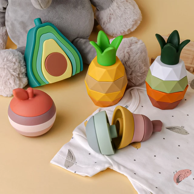 1Set Soft Building Blocks Silicone Stacking Blocks Baby Toys Apple Pineapple Avocado Pear Silicone Building Toys Montessori Toys 3