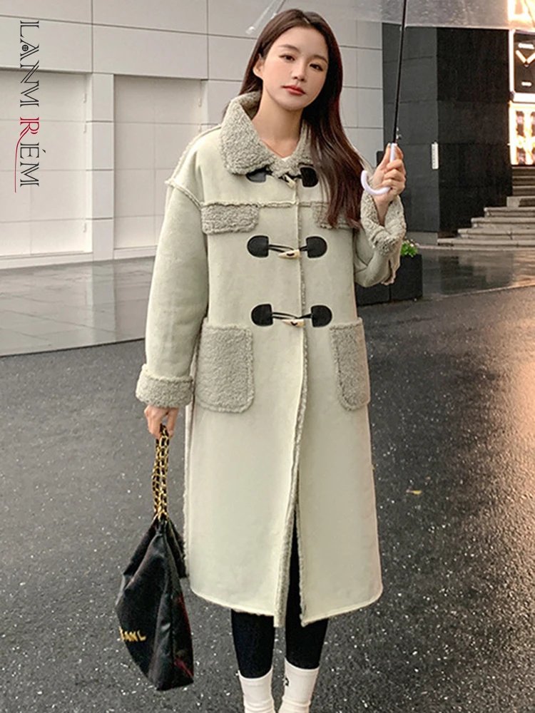

LANMREM Korean Style Lamb Fur Spliced Coat Women Lapel Pockets Single Breasted Long Clothing Fashion 2023 Winter New 2AA3088