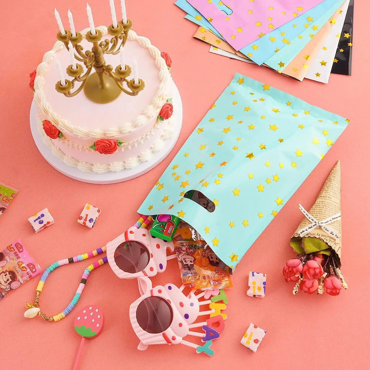 20 Stück Bedruckte Geschenktüten mit Polka Dots, Plastik-Süßigkeitentüten, Partytüten für Kinder, Jungen und Mädchen, Geburtstagsparty-Zubehör und Dekoration – Detail 1
