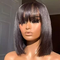 Pas cher Double dessiné vierge cheveux Bob perruque avec Bang sans colle réel vietnamien os droit pleine Machine faite perruques de cheveux humains frange 2