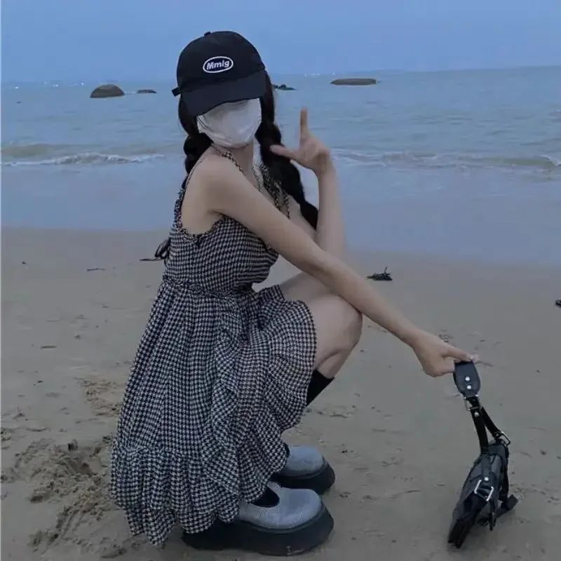 

Women Dress Summer Plaid Thin Sling Dress High Waist Ruffle Sleeveless Dresses Sweet Beach Style Mini Dress Female