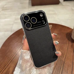 Premium Orange Litchi Leather Texture Phone Case with Shockproof Bumper Cover - iPhone 15 Plus (Black)