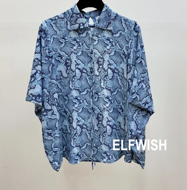 Woman Blue Snake Print Blouse Shirt 