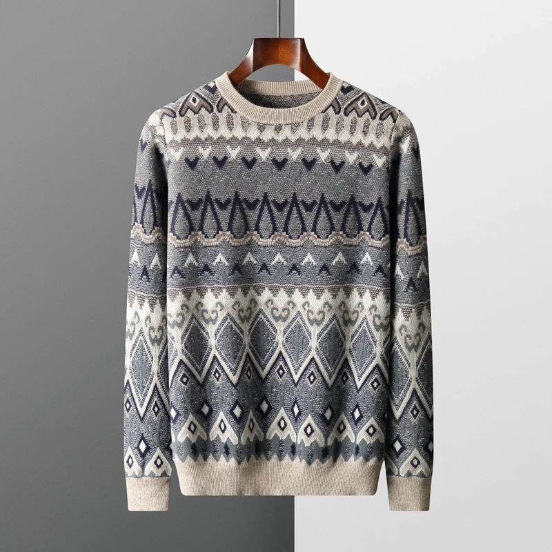 Autumn And Winter New Cashmere Sweater Men's Round Neck Color Matching Pullover Sweater Loose Casual Wool Knit Bottoming Shirt