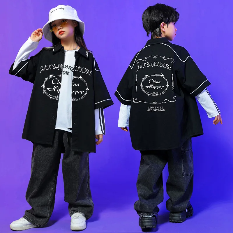 

Kids Boys Suits Girls Streetwear Fashion Hip Hop Jazz Dance Clothing Short Sleeve Shirt Jeans T-shirt Sets Children Tracksuits