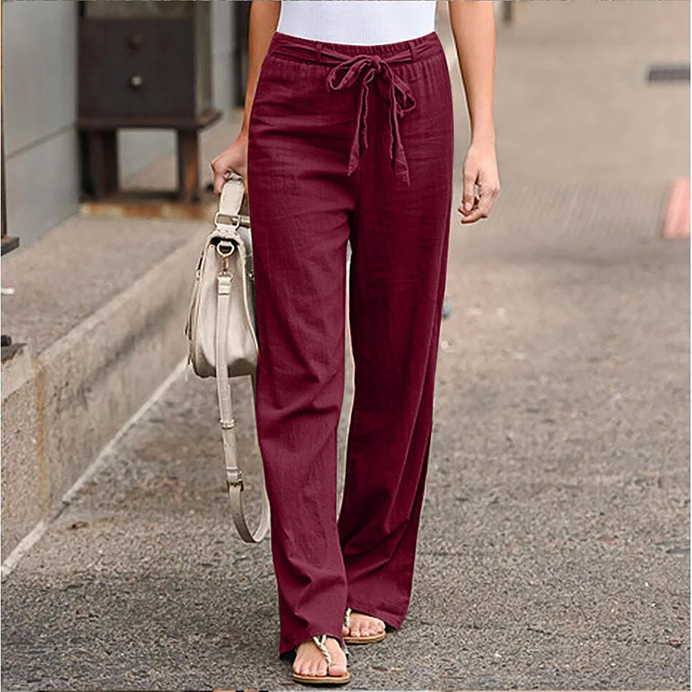 Women Long Pants Linen Cotton Pants Straight Trousers Solid Loose Elastic  Waist