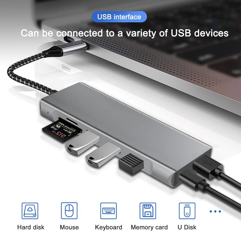 

USB-концентратор 8 в 1, 4K, 30 Гц на жесткие диски HD + M.2, USB X2, USB 2,0, PD100W, док-станция для SD/TF-карт