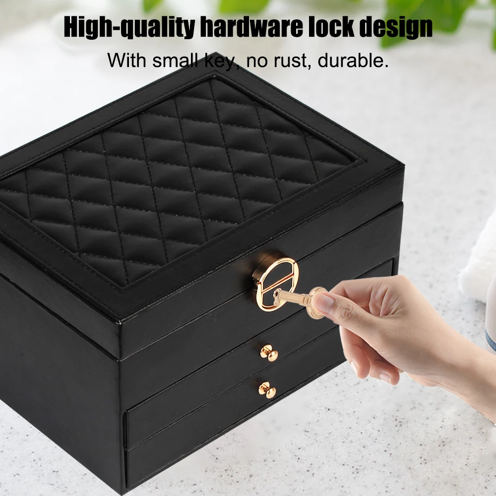 Leather Jewelry Box Jewelry Organizer Retro Storage Case With Lock Necklace  Hook 3-Layer Necklace Earring Ring Storage Box