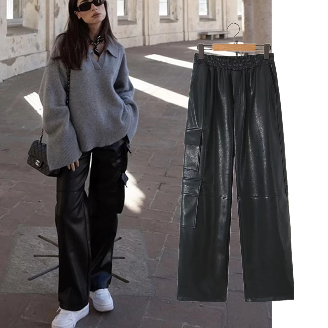 

Maxdutti Fashion Blogger Retro Pocket Cargo Pants Women Casual Pants High Street Loose LeatherHarem Trousers