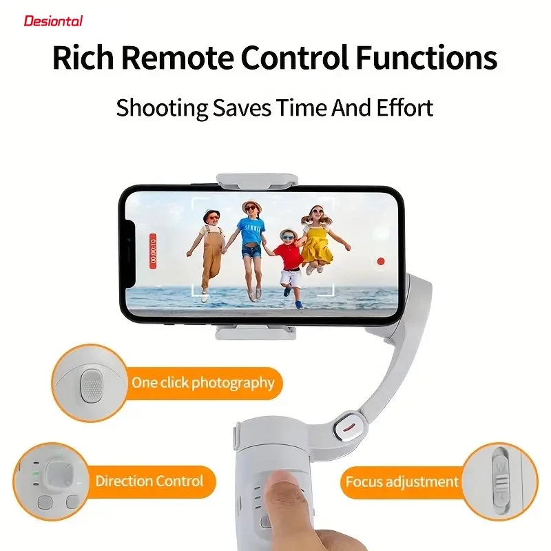 Gimbal stabilisateur pour smartphone en action, capturant une vidéo fluide lors d'un mouvement de caméra panoramique.