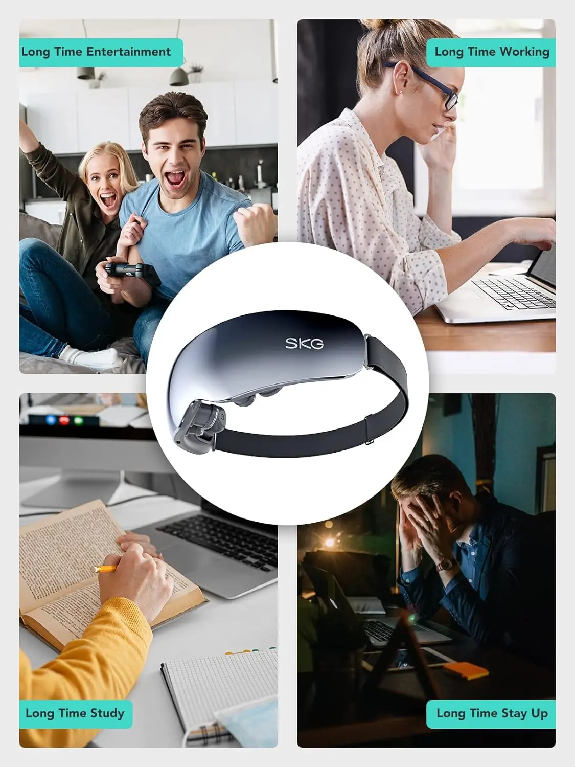 SKG E7-EN Eye Massager with Heat, Vibration Bluetooth Music Smart Eye Massager for Migraines, Adaptive Temple Massage, Relax