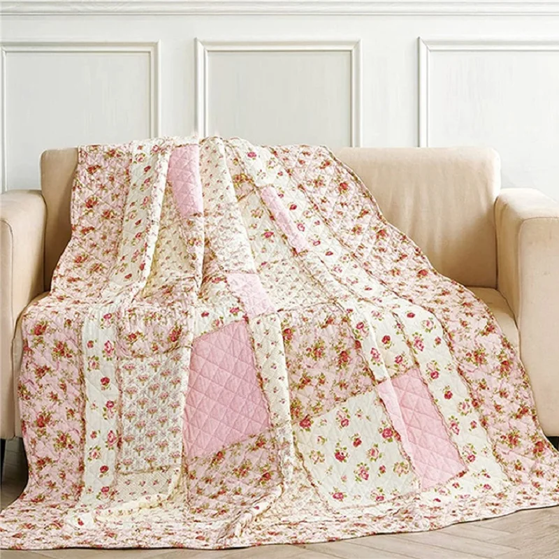 Plaid Déco Shabby Chic Couverture Patchwork Quilt 150x200 Cm - Style Vintage Shabby Chic, 100% Coton, Lavable Machine - Pour Lit, Canapé Plaid Lit
