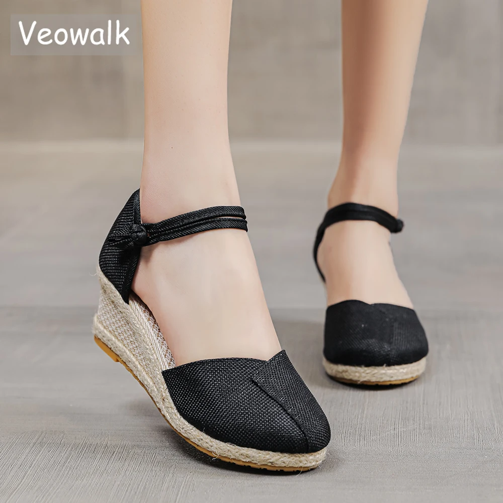 Эспадрильи Veowalk женские льняные сандалии в стиле пэчворк на высоком каблуке 6 см