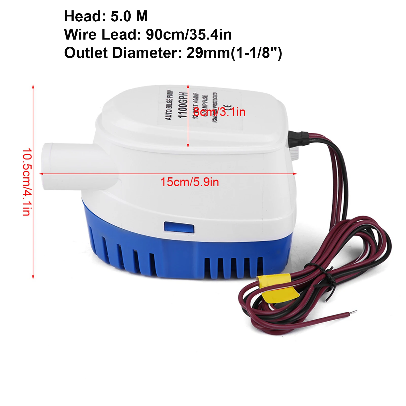 1100GPH Boat 12V Marine Automatic Submersible Bilge Fully Auto Switch Internal Auto Bilge Pump