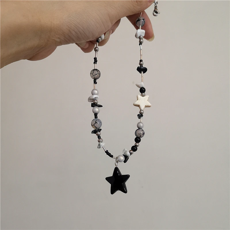Star Star|unisex Star Pendant Beaded Chain Necklace - Goth