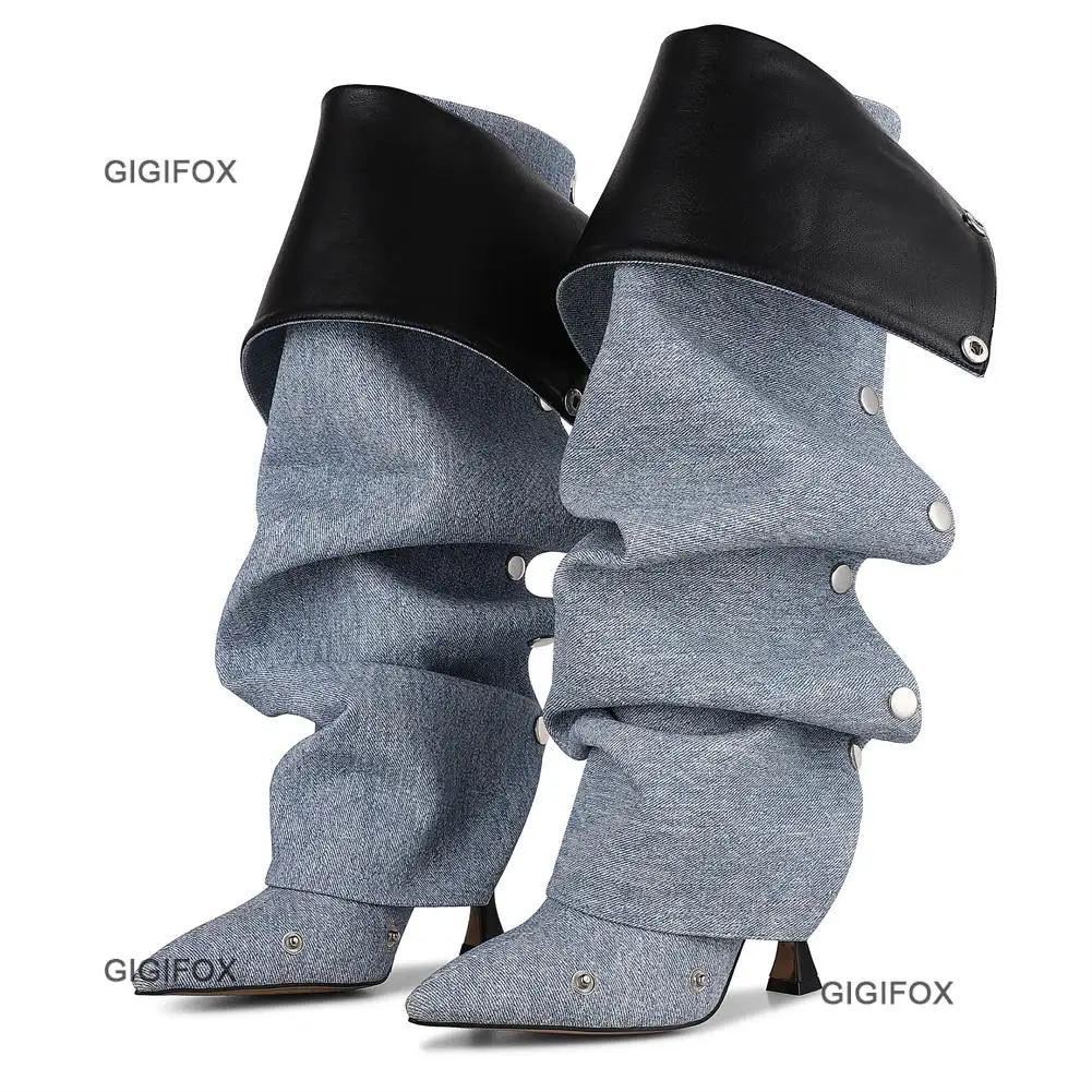 

GIGIFOX Pointed Toe High Heel Boots For Women Stiletto Fashion Denim Knee High Boots Sexy Fashion Remoeable Womens Boots