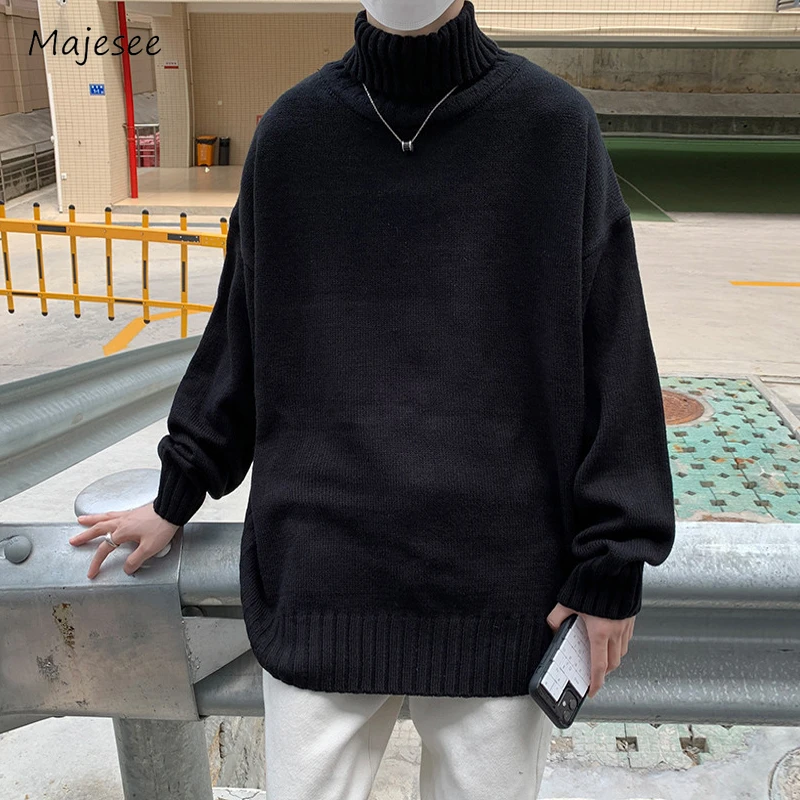 

Turtleneck Sweaters Men Slouchy Baggy Solid Stretchy Minimalist Knitwear Tender Aesthetic Korean Style Temperament Versatile
