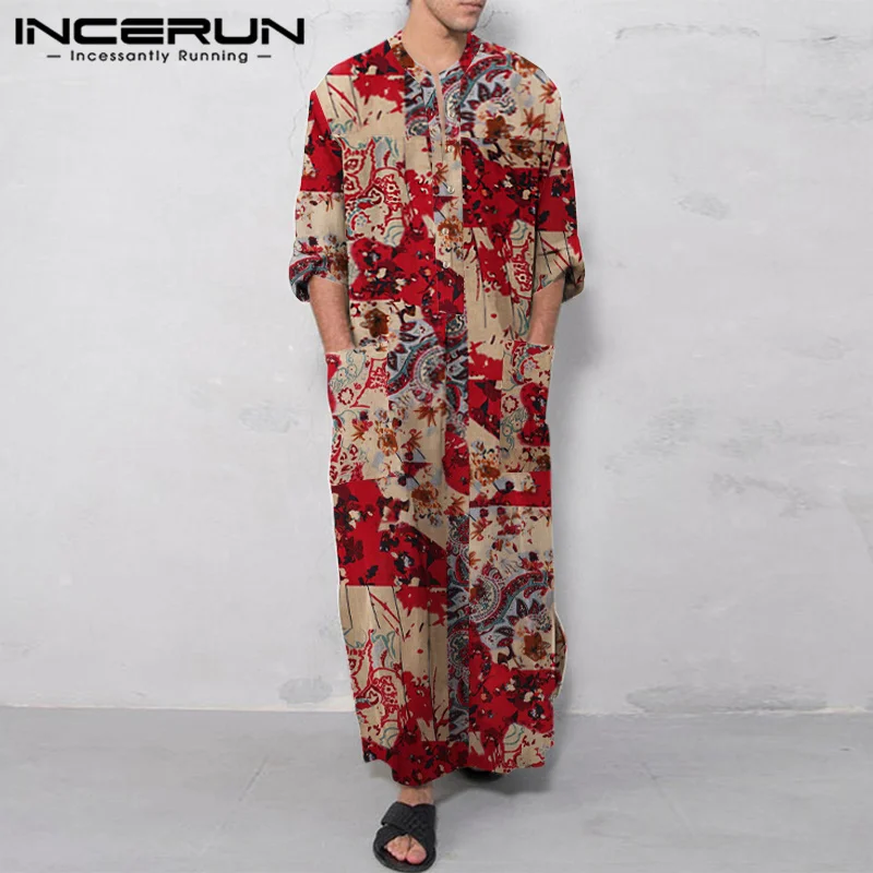 INCERUN 2023 Casual Simple New Men Robe Muslim Style Hot Sale Male Loose Comfortable Ethnic Printed Long-style Jubba Thobe S-5XL