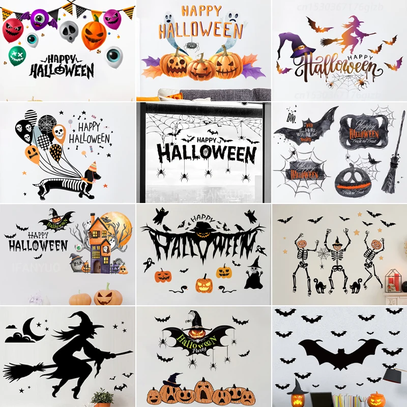 Cute Cartoon Halloween Window Stickers Witch Bat Pumpkin Skull  Electrostatic Glass Wall Door Decals Kids Room Party Decoration - AliExpress