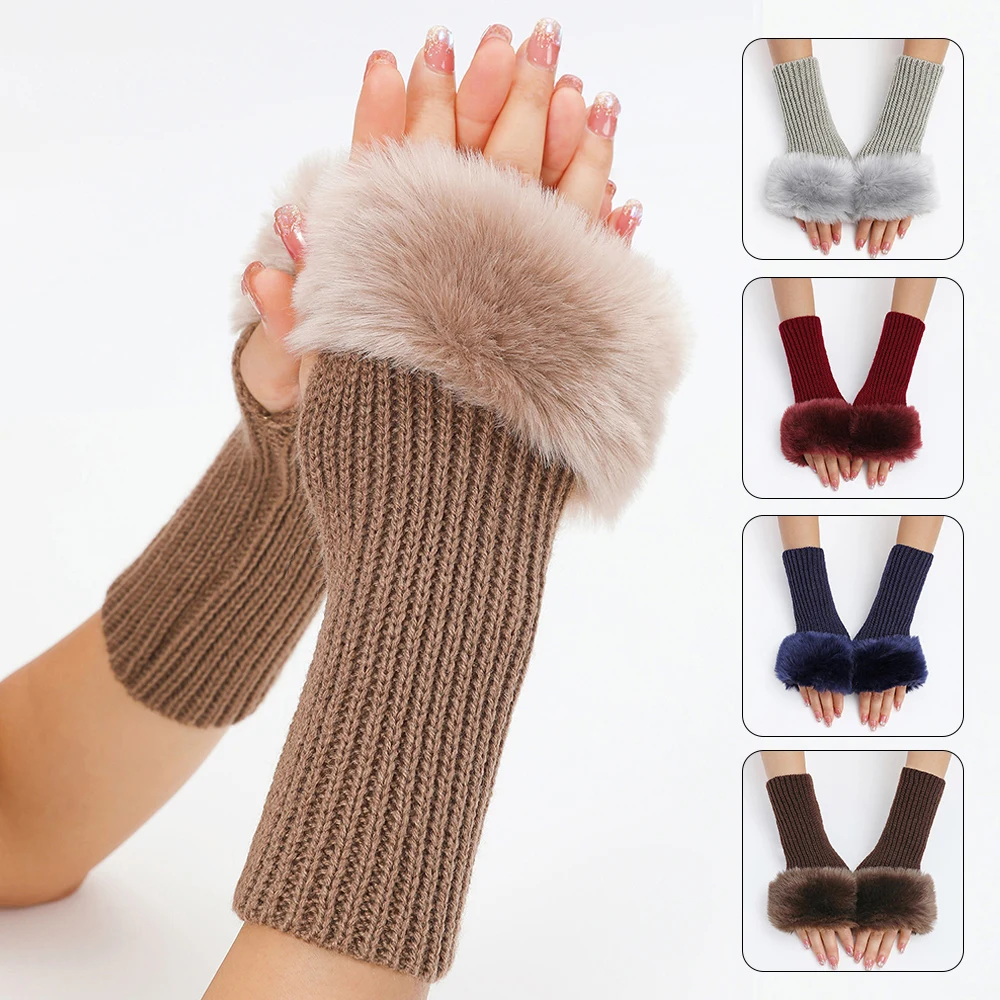 

Women Knitted Arm Sleeves Winter Warm Plush Faux Fur Knitting Fingerless Gloves Wrist Warmer Soft Furry Half Finger Mittens