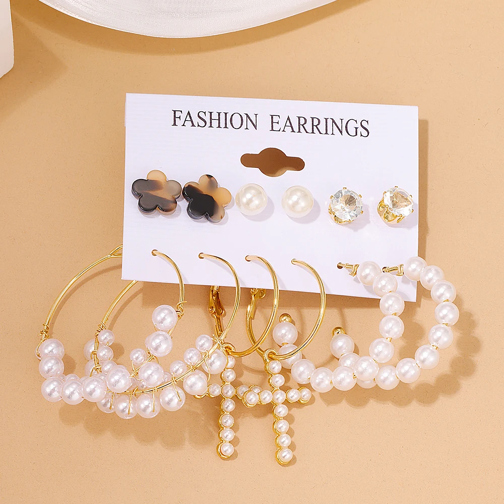Alloy earrings 6 pairs delicate Imitation pearl design Retro elegant style Women Gifts