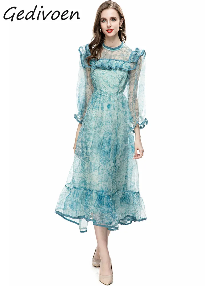 

Женское платье с рукавами-фонариками Gedivoen, летнее модельное винтажное платье с принтом, кружевное длинное платье-трапеция с высокой талией и оборками на подоле