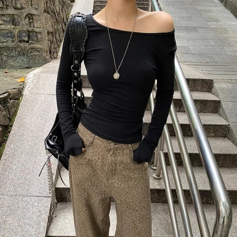 Deeptown Black Lace Patchwork Women T-Shirts Off Shoulder Hollow Out Long Sleeve Korean Fashion Slim Tees Coquette Aesthetic 3