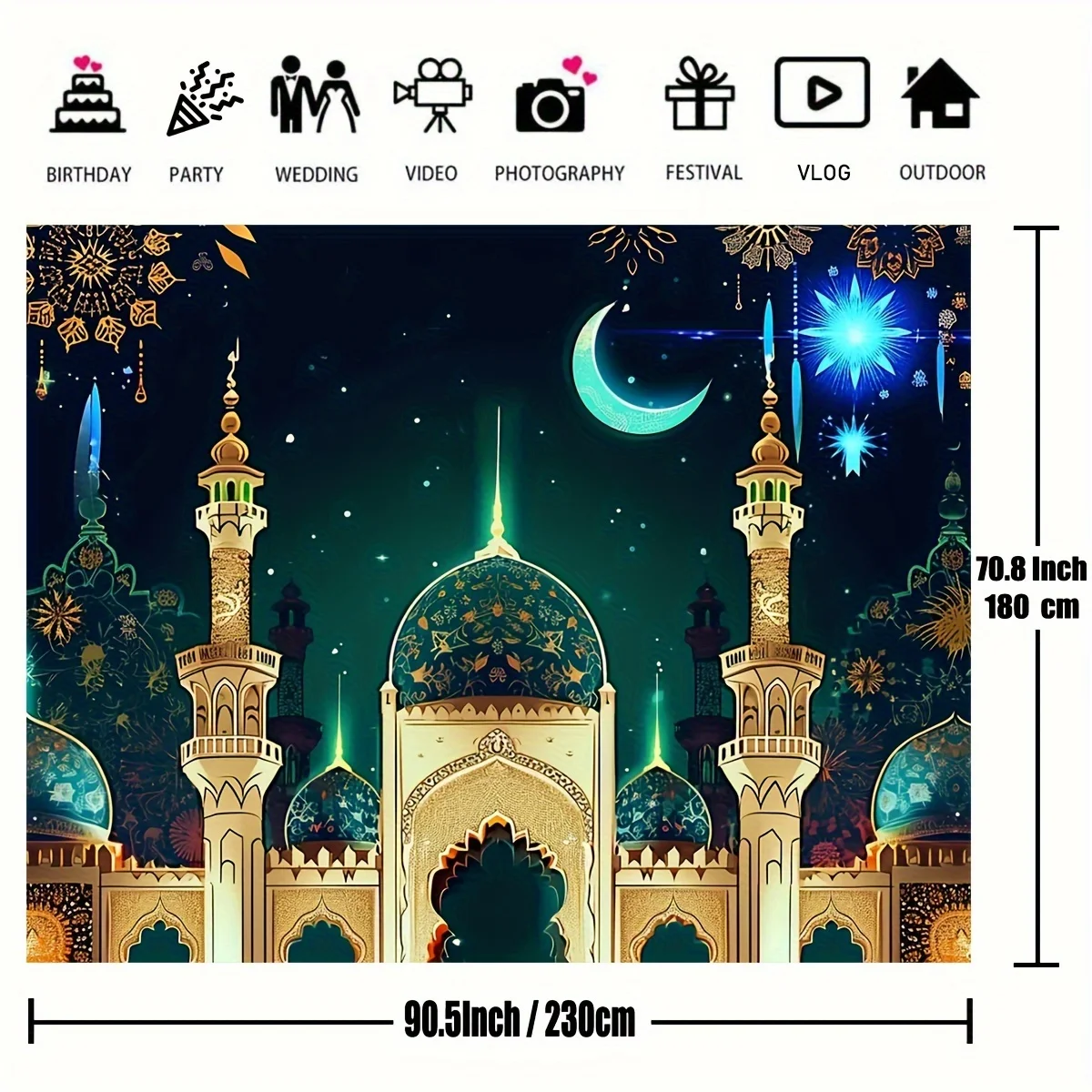 Eid Mubarak Backdrop Ramadan Mubarak Hanging Sign 70x90 Inch Islamic Eid Mubarak Ornament Moon Star Castle Photo Booth Props