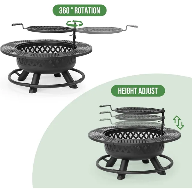 36 Inch Fire Pit with Grill,Wood Burning Fire Pits for Outside with Lid& Fire Poker,Round Metal Firepit Table 3 in 1 with Cookin 5