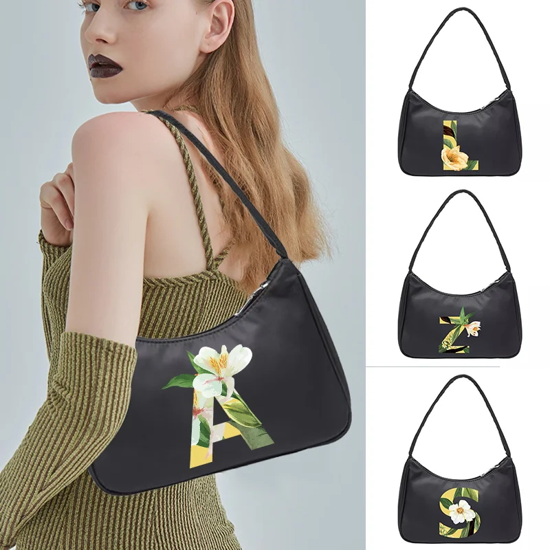 Fashion Women Small Shoulder Underarm Bag Ladies Floral Letter Print A~Z Pure Zipper Mini Purse Shopping Handbag Armpit Clutch fashion mobile phone bag for girls handbag ladies purse clutch iphone 13 12 huawei cell phone wallet shoulder bag sport arm bags