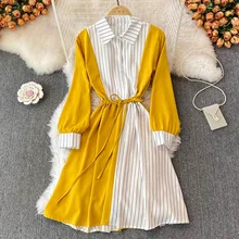 

Retro striped lapel fashion waist slimming temperament a-line shirt skirt 2022 spring and autumn dress