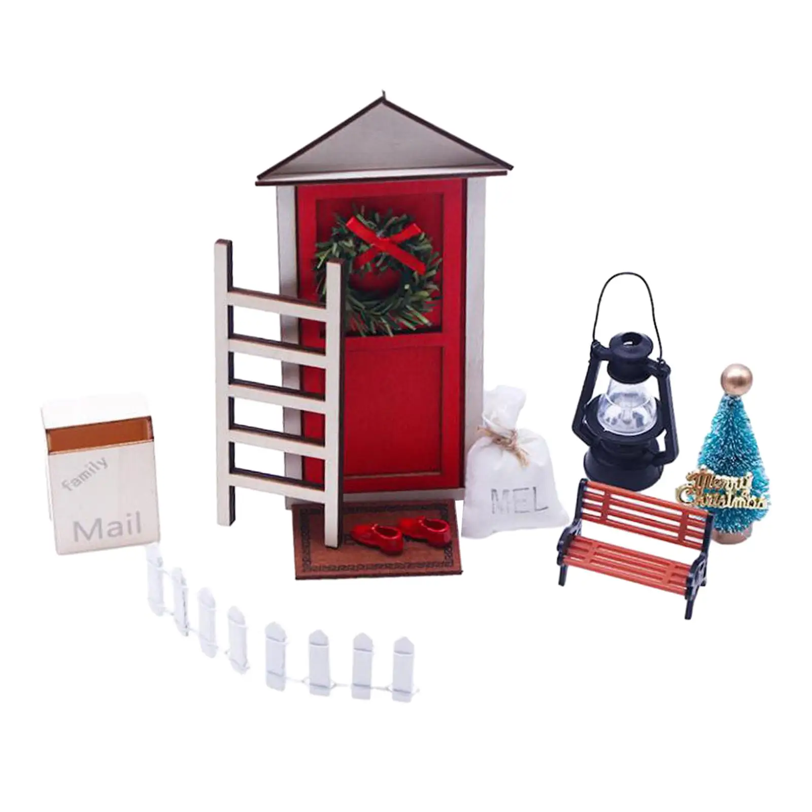 

10 шт., рождественские украшения для кукольного домика в масштабе 1:12, сказочный домашний декор, приветственный коврик, деревянные двери, украшения «сделай сам», мини-Рождественская елка