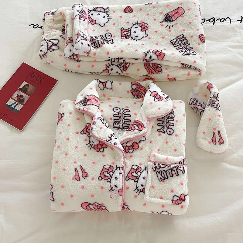 Hello Kitty Pajamas Kawaii Sanrio Anime Girls Coral Velvet Thickened Lapel Cardigan Warm Home Clothes Dormitory