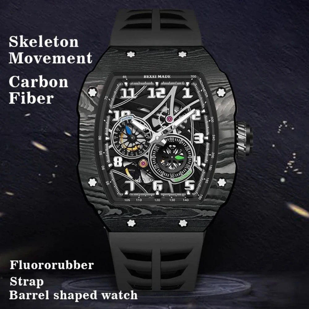 

BEXEI 9088 Automatic Movement watch for men Carbon Fiber MIYOTA82S7 Barrel shaped Sapphire Mirror Wrist watches Waterproof