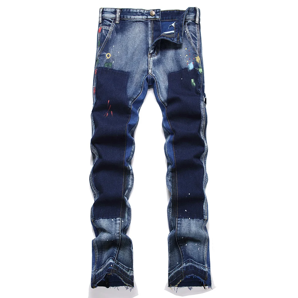 

Men Released Hem Denim Jeans Loose Boot Cut Side Pockets Cargo Pants Fringe Patch Spliced Flared Trousers