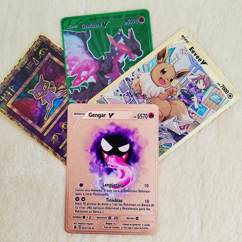 

7000 HP Metal Pokemon Cards Spanish Letters Golden Iron GX EX Shiny Pokémon Mewtwo Gengar Charizard Eevee Pikachu Children Toys