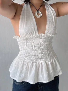 Floral Print Halter Neck Tank Top with Swiss Dot Detailing and Backless Design - Sleeveless Summer Vest for Streetwear 5