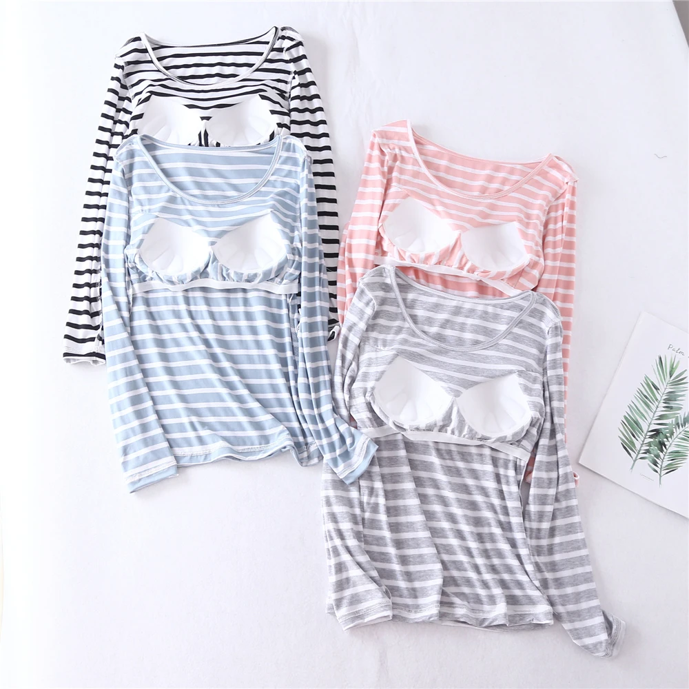 

Женская пижама из модала с нагрудными вкладышами, полосатая свободная одежда для отдыха, бюстгальтер с длинными рукавами и Т-образной чашкой, цельный топ, домашняя одежда