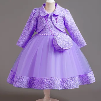 Spring Flower Girl Elegant Dresses for Wedding Girls’ Formal Dress with Bag 3 PC Set Long Sleeve Kids' Clothes 3 to 12 Years 1