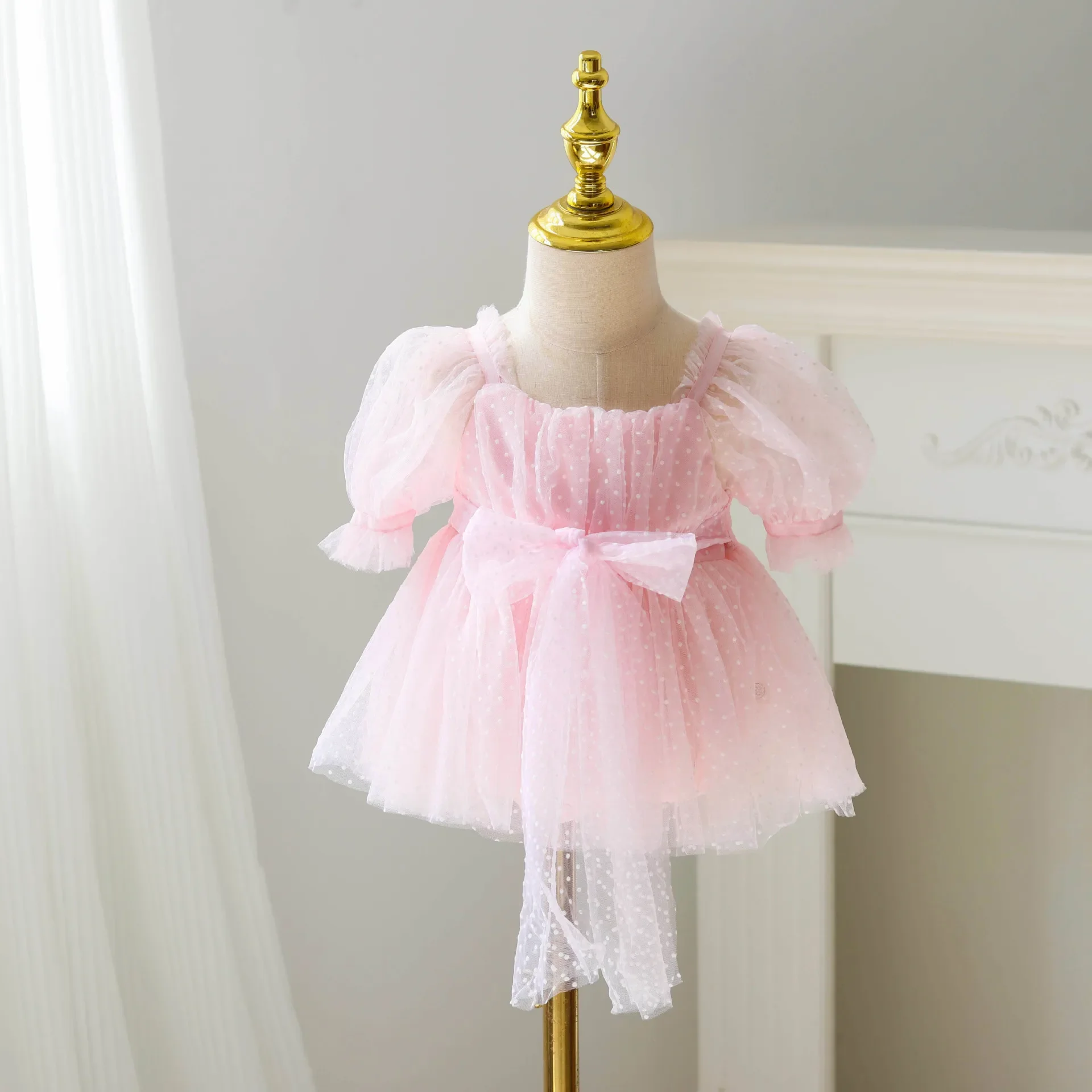 Sweet Princess Dress For Girls Baby Cotton Puff Sleeve Dress Summer Mesh Waist Tressel Baby Shoes And Accessories