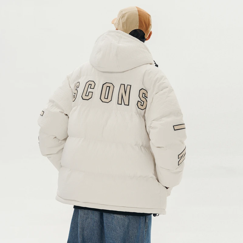 Street Style Men's Winter Letter Embroidery Hooded Cotton-Padded Jacket Unisex Parkas Thick Warm Solid Color Fashion Windbreaker