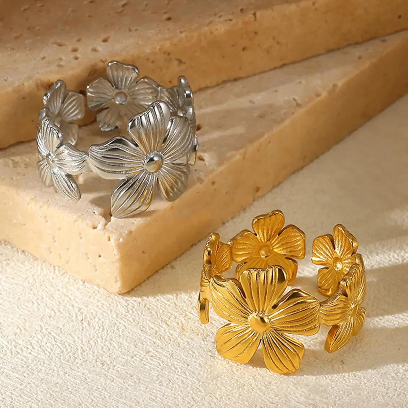 Geometric Stainless Steel Flower Opening Ring Gold Color Jewelry Gift For Women