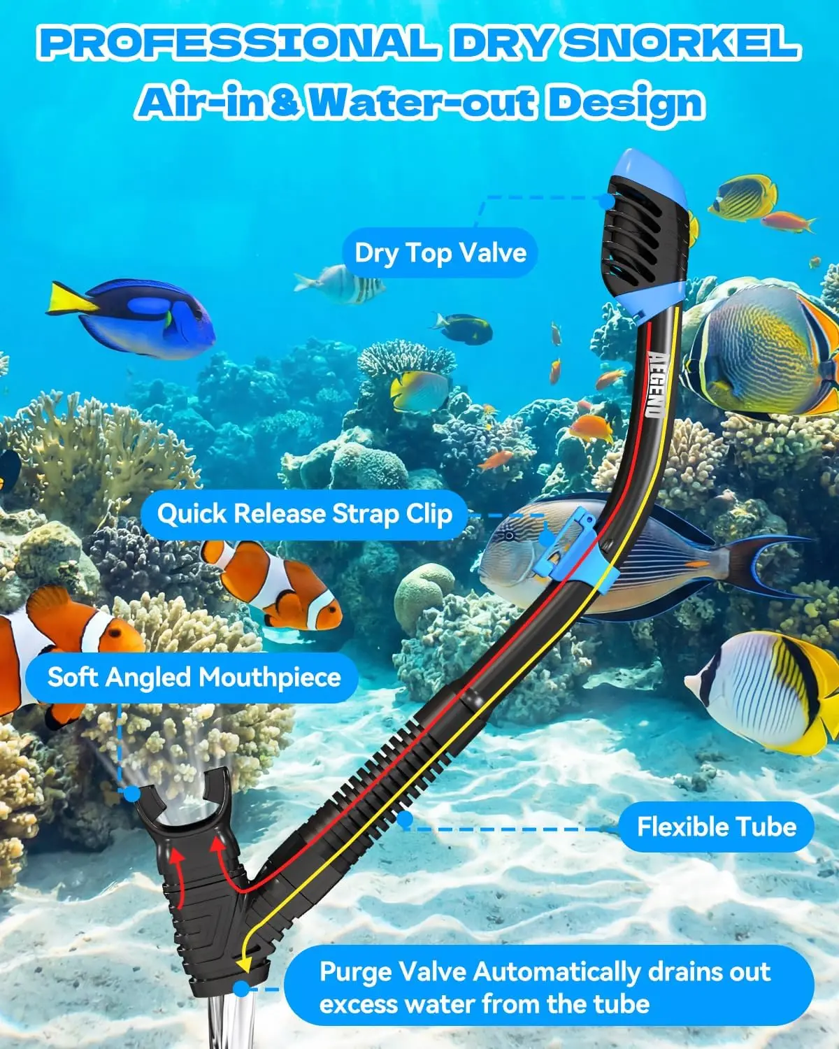 4 in 1 Kids Snorkel Set, Silicone Anti Fog Mask, Dry Snorkel Adjustable Fins Travel Bag for Youth Underwater Use - Image 3