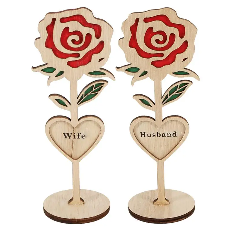 

Valentine's Day Heart Rose Ornament Wooden Roses with Stems Table Sign Rustic Farmhouse Anniversaries Wedding Decorations
