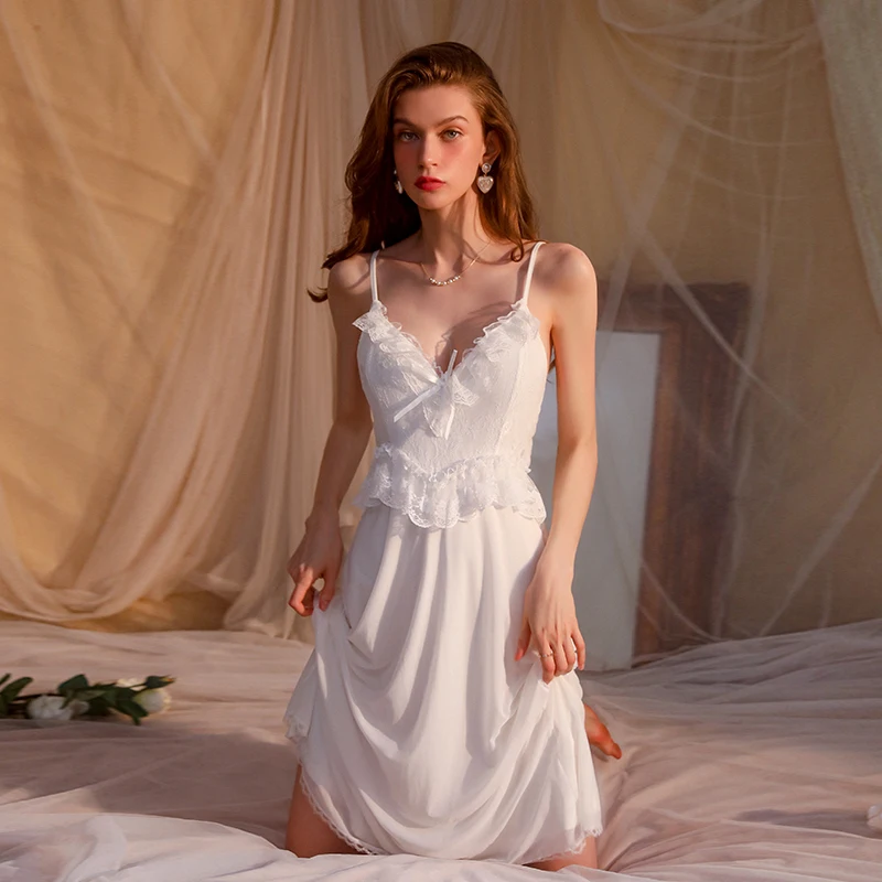 Women's Nightdress Lace Pajamas Sexy Beauty Back Sleeping Dress Sling V Neck  Long Lingerie Night Wears Home Clothes Sleepwear